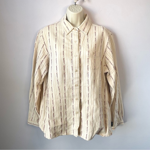 Vtg Woolrich Women’s Cream Burgundy/Red Tan Striped Cotton Button-Up Shirt Sz L - Picture 2 of 15
